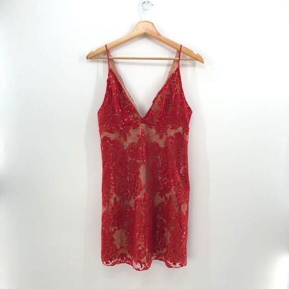 Free People Night Shimmers Lace Sequined D Red - Picture 2 of 11